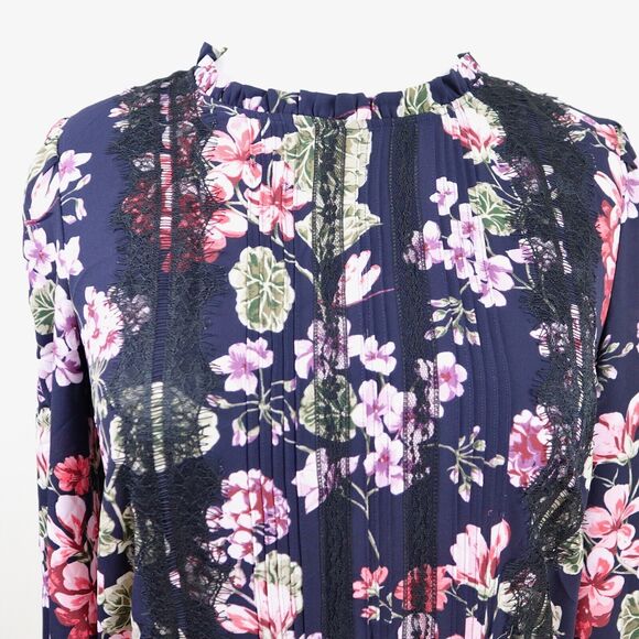 Ann Taylor Size M Lace Pleated Front Blouse Floral Print Navy Pink - Picture 8 of 11